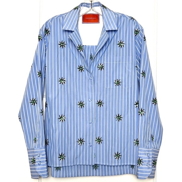 NEW LA DOUBLEJ Sequin Third Eye Striped Long Sleeve Oversized Button Up Shirt XS - Picture 2 of 10